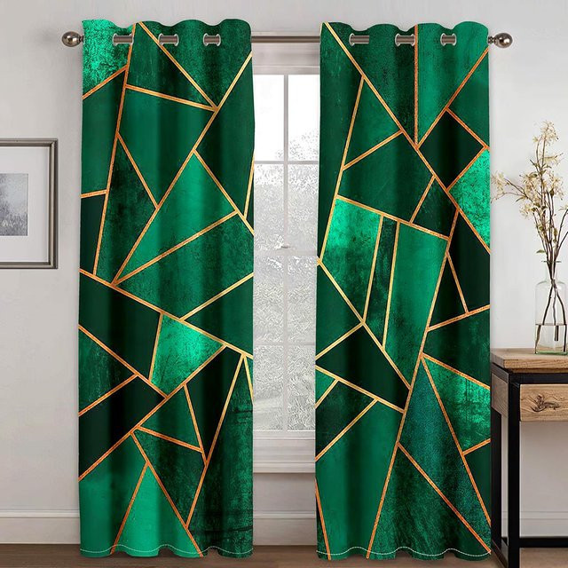 A Family Of Home Textiles Vorhänge mit abstraktem geometrischem Design in Schwarz und Grün, semi-transparent, 2er-Set, Breite: 50 cm, Höhe: 130 cm - Bild 1
