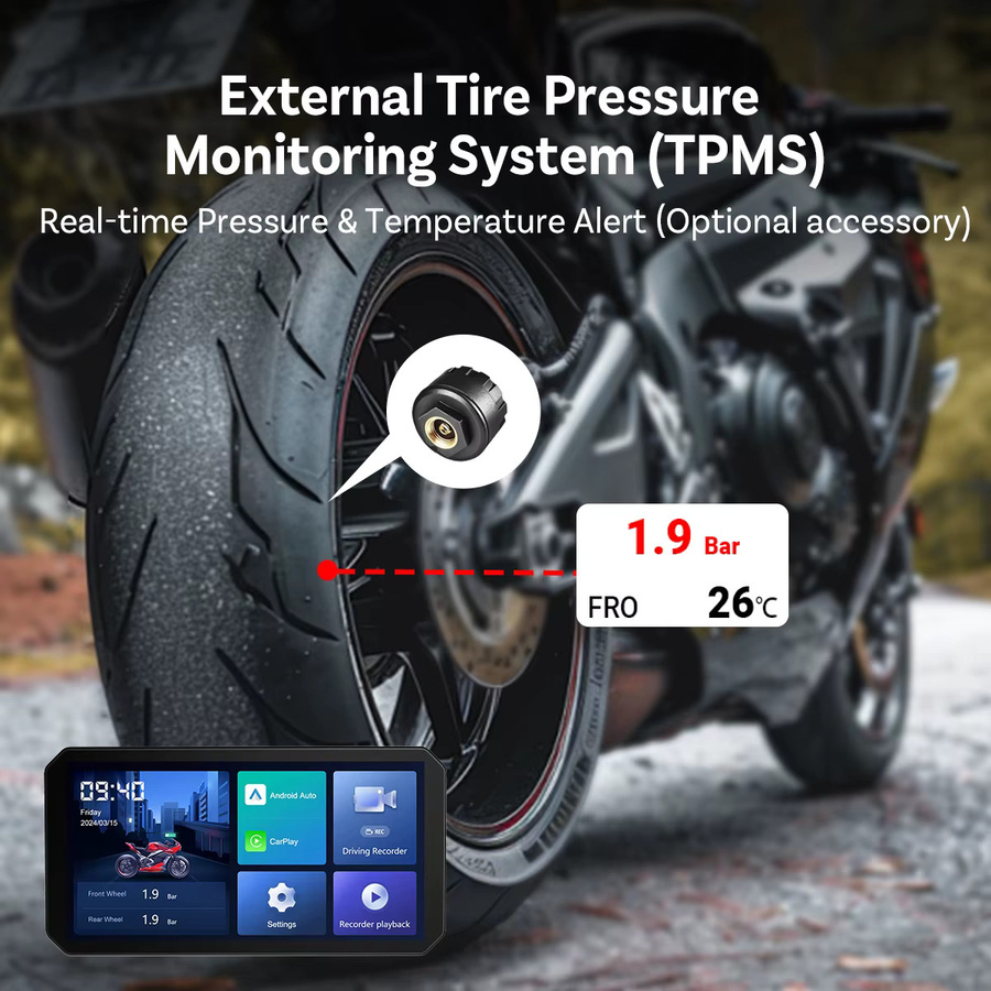 Ottocast Motorrad Smart Display Navigationssystem mit Dashcam Front- und Heckaufzeichnung, Split-Screen-Anzeige, IP67 und TPMS, Schwarz - Bild 5