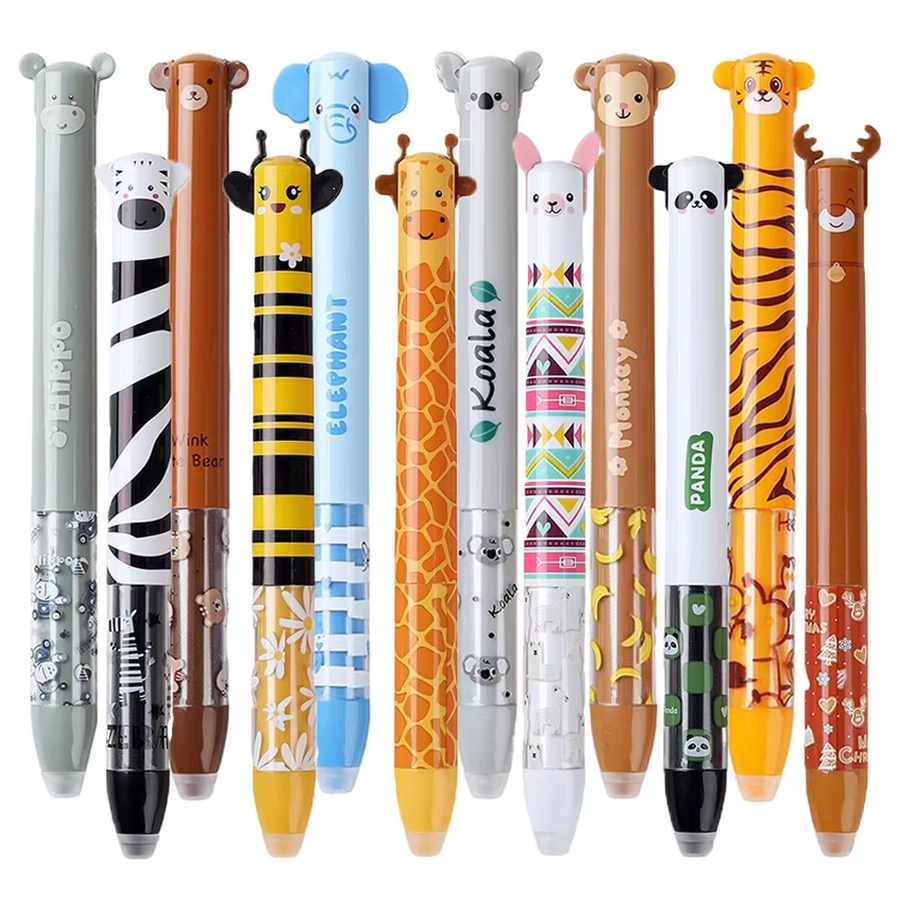 Set mit 6 oder 12 kreativen Cartoon Tier Gel Stiften, 2 in 1 löschbare Gel Stifte mit 0,5 mm feiner Spitze, mehrfarbig - Bild 2