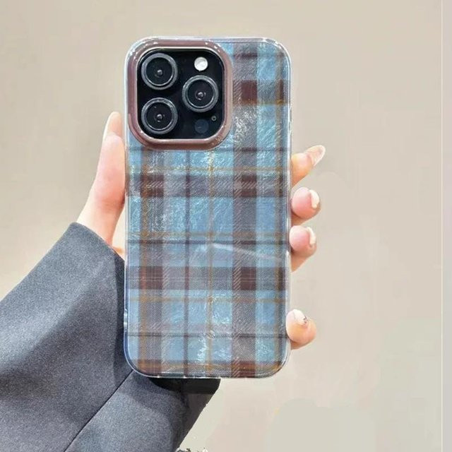 Dopamin Farbblock Karo Handyhülle für iPhone 14 Pro Max, Blau, Matte Abdeckung mit Gitter Etikett Design - Bild 1