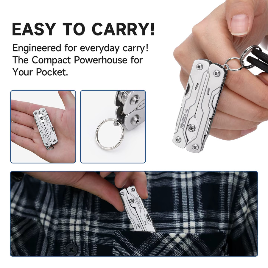 NexTool 8-in-1 Mini-Seatenschere S0 Micro-Schlüsselanhänger Multitool in Silber als tragbares EDC-Werkzeug im Taschenformat - Bild 6