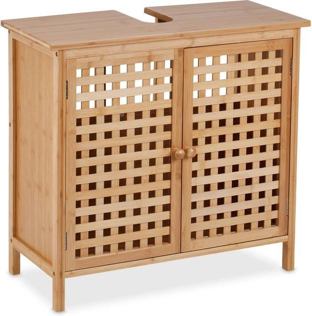 Relaxdays Waschbeckenunterschrank aus Bambus in Natur mit Magnetverschluss und Gitteroptik, B: 61 cm, H: 66 cm, T: 30 cm - Bild 1