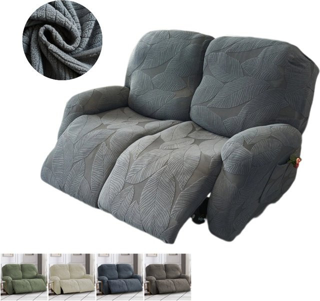 Yupartex Stretch-Bezüge für 2-Sitzer Jacquard Split-Relaxsofa in Grau mit Seitentasche und floralem Muster - Bild 1