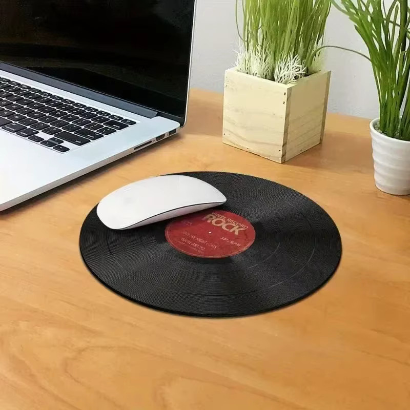 Mairuige Mauspad im Retro-Schallplatten-Design, rundes Gummi-Mauspad in Schwarz für Gaming und Büro - Bild 2