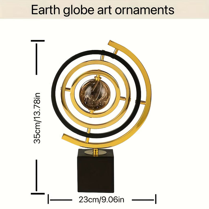 Moderne abstrakte Globus-Skulptur aus Metall in Schwarz und Gold mit rechteckiger Basis zur Dekoration für dein Zuhause oder Büro - Bild 5