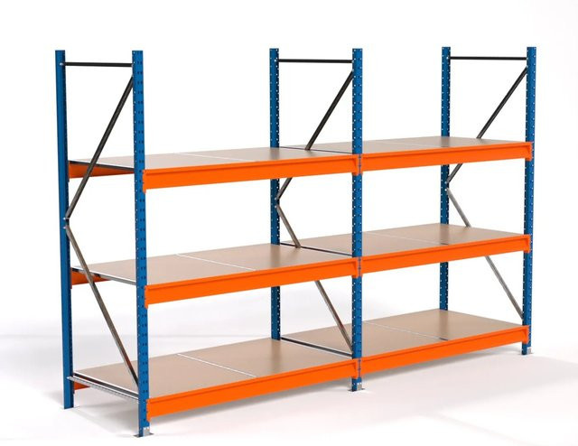PROREGAL Industrie Weitspannregal MAXIMUS PRO Lagerregal mit 2 Feldern und 3 Spanplatten-Fachböden, Blau/Orange, H x B x T: 200 x 300 x 80 cm - Bild 1