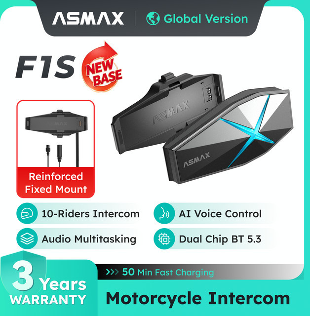 ASMAX F1S Motorrad-Bluetooth-Intercom für 10 Fahrer mit Sprachsteuerung, BT 5.3 Helm-Kommunikation und Hi-Fi-Sound in Schwarz - Bild 1