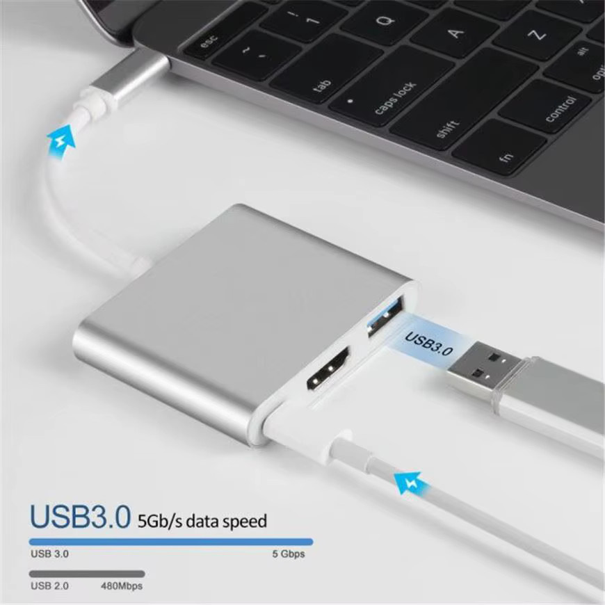 3 in 1 USB-C Hub Docking Station mit HDMI und USB 3.0 in Silber für Macbook und Laptop - Bild 2