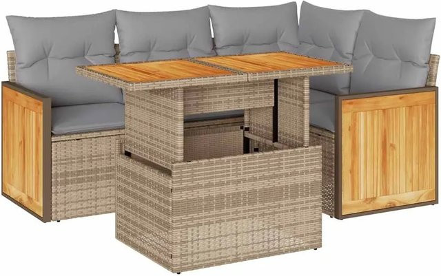 vidaXL 5-tlg. Garten-Sofagarnitur in L-Form aus Polyrattan und Akazienholz mit Kissen in Beige-Grau - Bild 1