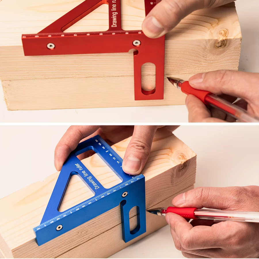 Wnew Präzisions-Holzbearbeitungsquadrat aus Aluminiumlegierung als 45/90-Grad-Winkelmess-Dreieckslineal und Markierungslehre in Rot und Blau - Bild 2