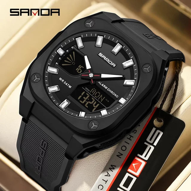 SANDA Chronograph Armbanduhr, Quarz, Analog-Digital, Weiß, Silikon, Herren - Bild 1
