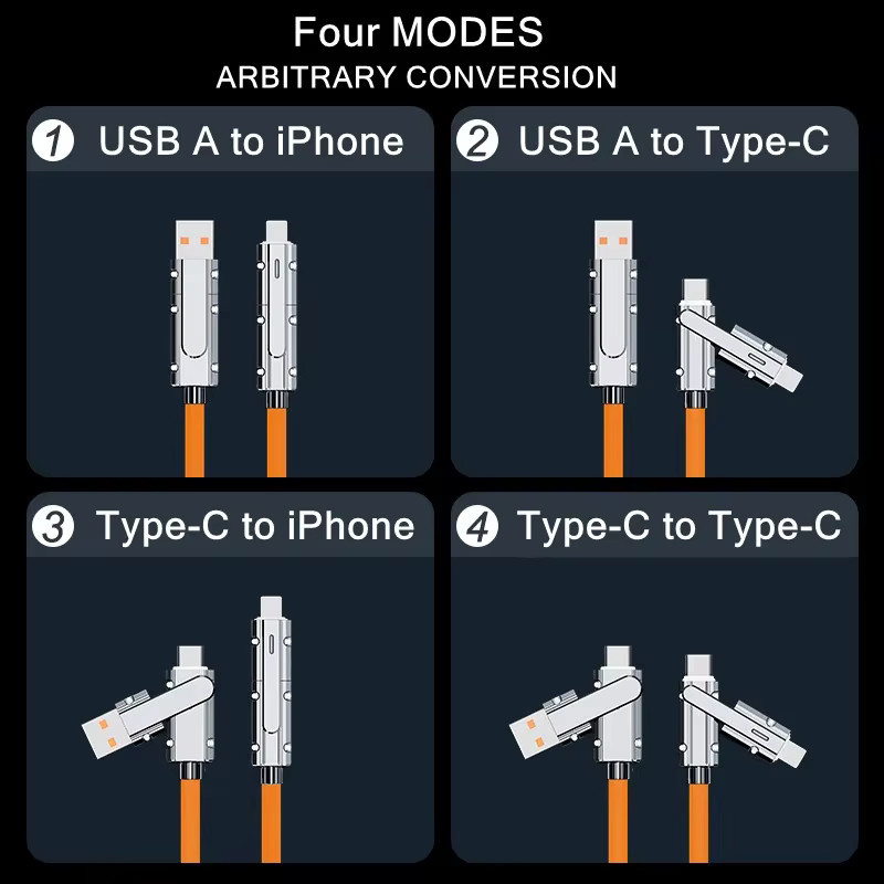KADIXI 4-in-1 USB-Schnellladekabel mit 100 W für iPhone, Samsung, Xiaomi und USB Typ C Tablets in Schwarz und Orange - Bild 2