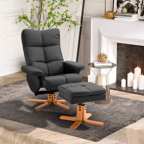 HOMCOM Relaxsessel mit Hocker, 360° drehbar mit Liegefunktion, Kunstleder und Holzgestell, Schwarz, B: 86 cm, H: 99 cm, T: 80 cm - Bild 4