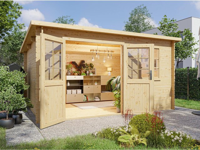 Woodtex Gartenhaus Blockbohlenhaus CA2981 in Braun mit Fenstern und Schlössern, Naturbelassen, 28 mm Bohlenstärke - Bild 1