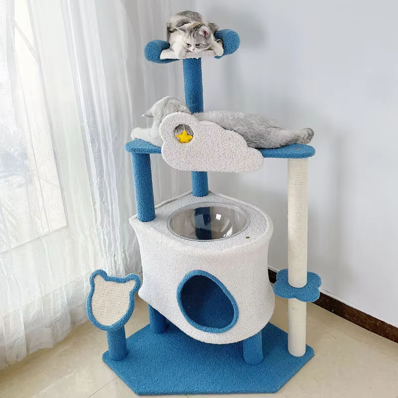 Multifunktionaler Katzenkratzbaum aus Sisal und Textil in Blau, mehrstöckiger Katzen-Kletterrahmen mit Katzenhaus-Turm - Bild 3
