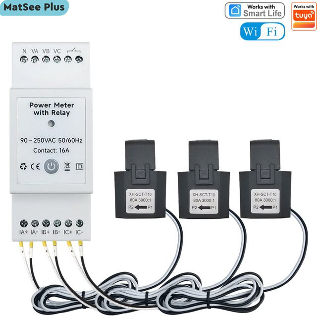 Smart Life 3-Phasen WLAN-Energiezähler mit 80A CT zur bidirektionalen Überwachung des Energieverbrauchs und Stromstatistik-Datenausgabe in Weiß - Bild 1
