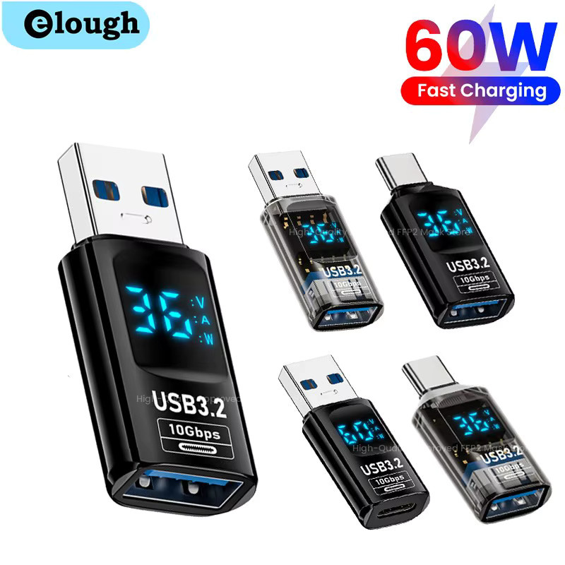 Elough USB A auf USB C Adapter mit Digitalanzeige, USB 3.2 Konverter für 60 W Schnellladen und Datenübertragung, Schwarz/Transparent - Bild 1