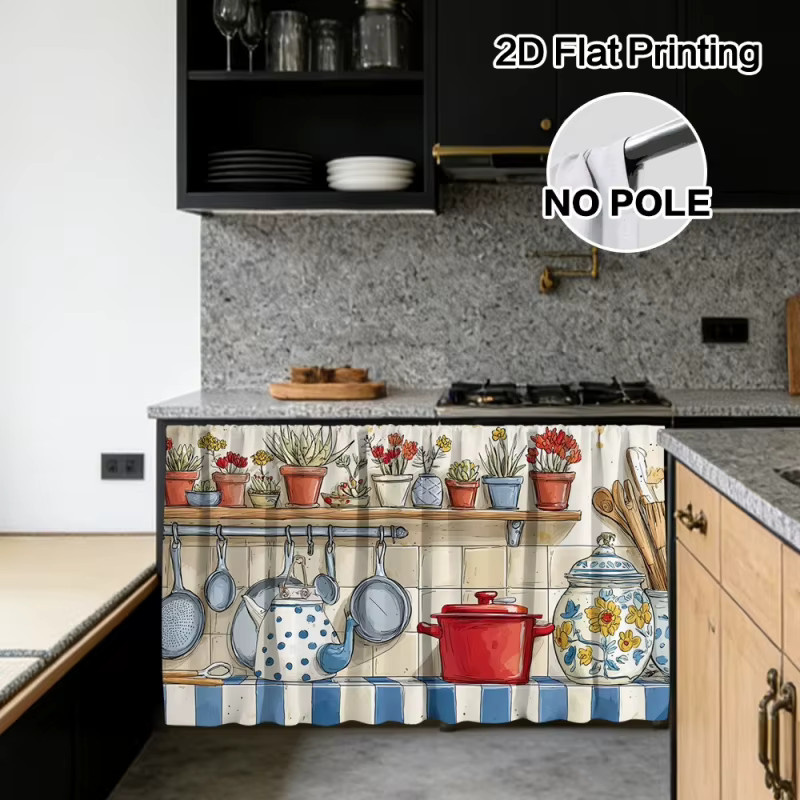 VIKAMA Kurze Küchengardinen mit Topfpflanzenmuster, Halb-Fenstervorhänge in Multicolour für Café und Heimdekoration - Bild 5