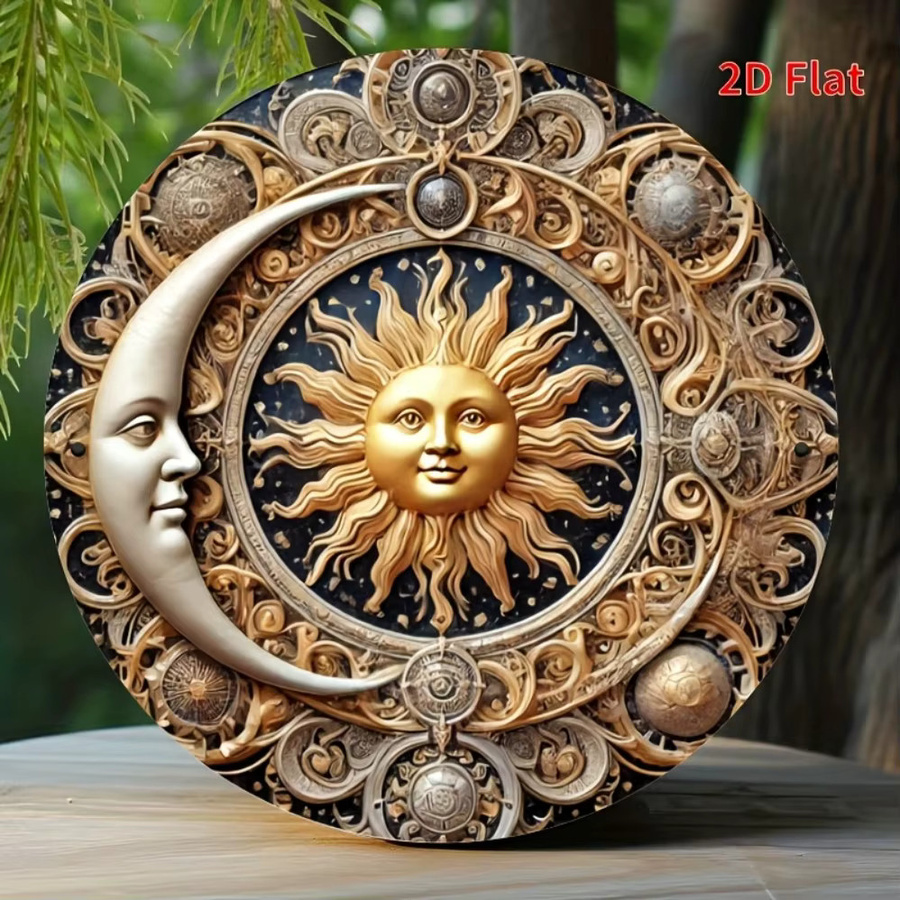 Potdemiel Rundes Metallschild aus Eisen mit Sonnen- und Monddekoration im Retro-Stil, Durchmesser: 20 cm - Bild 3