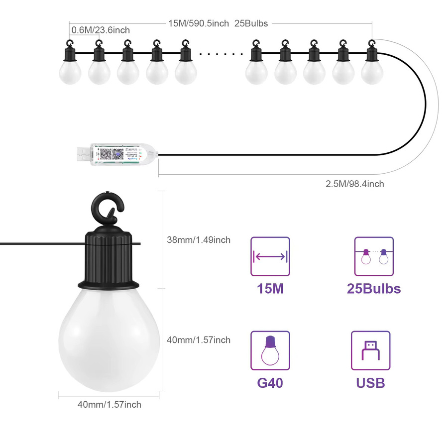 SerRickDon Wasserdichte Bluetooth LED-Lichterkette mit 25 Glühbirnen, USB-Betrieb, Mehrfarbig, 15 m für Garten, Camping und Weihnachtsdekoration - Bild 2