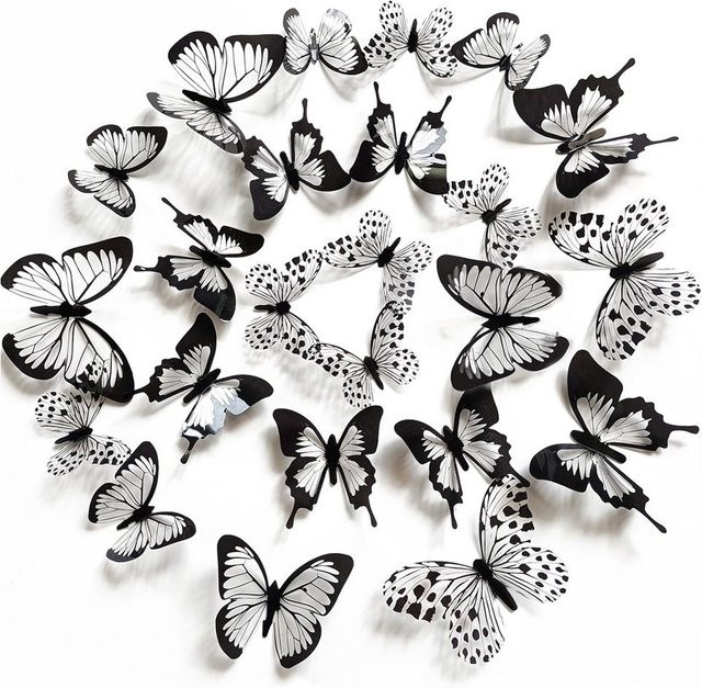 24er Set Schmetterling Wandaufkleber von Rui Di in Schwarz, Weiß und Grau zur Dekoration von Hochzeit, Schlafzimmer und Wohnzimmer - Bild 1