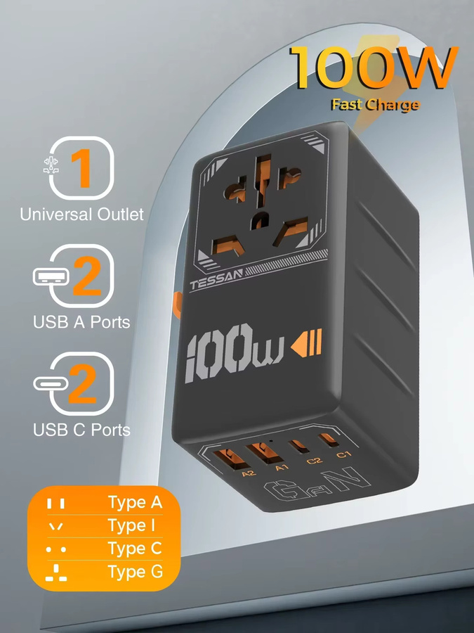 TESSAN 100 W GaN Universal-Reiseadapter mit USB und USB-C für schnelles Aufladen, internationaler Steckeradapter mit EU, UK, USA und AUS Anschlüssen - Bild 6
