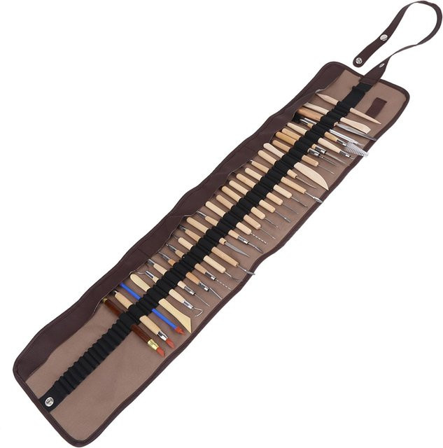 DIYelecs 30-teiliges Set Modellierwerkzeug aus Holz und Metall für Wachs, Ton und Keramik inklusive Aufbewahrungstasche in Silber und Braun - Bild 1