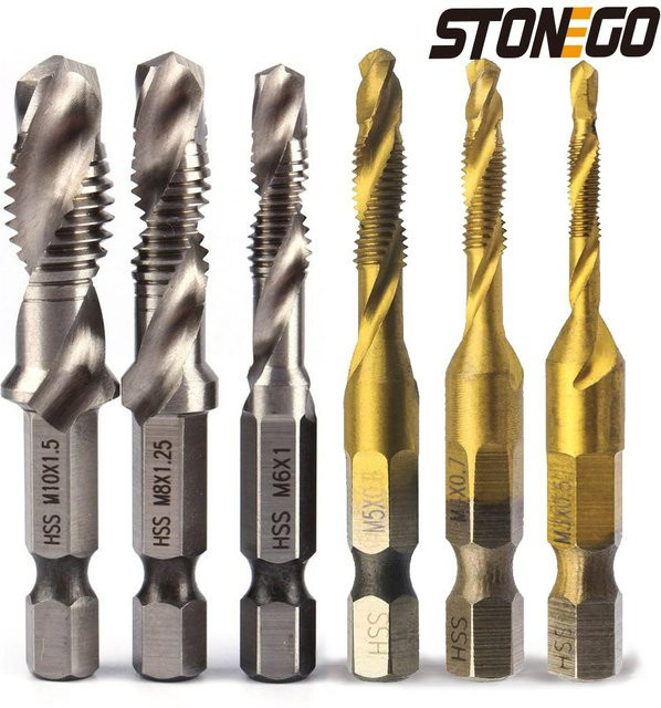 STONEGO Gewindebohrer Bits aus HSS4341 für Holzbearbeitung, Metrische Kombination M3/M4/M5/M6/M8/M10, Farbe: Gold - Bild 1