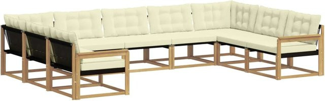 vidaXL Outdoor-Sofagarnitur 9-teilig in L-Form aus Akazienholz mit Textilene und Kissen, Weiß und Creme - Bild 1
