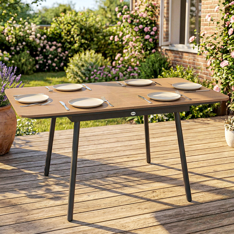 Outsunny Gartentisch für 6 Personen mit WPC-Tischplatte in Holzoptik Teak, rechteckiger Outdoor-Esstisch aus Metall in Braun, B: 140 cm, T: 80 cm, H: 75 cm - Bild 2