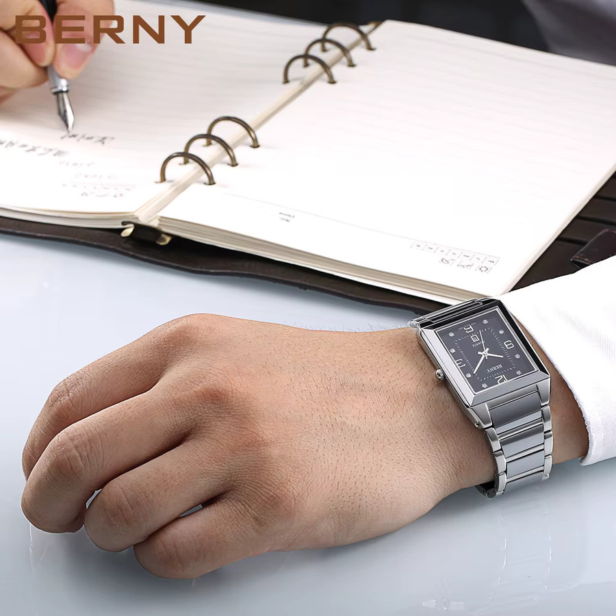 BERNY Armbanduhr Edelstahl, Quarz, eckig, Saphirglas, Blau, Herren - Bild 5