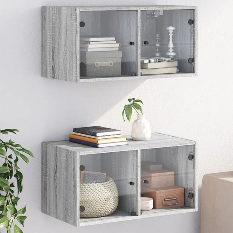 Vidaxl Hängevitrine Set aus 2 Stück mit Glastüren in Grau, Modernes Design aus Holz und Glas, B/H/T: 68,5 x 37 x 35 cm - Bild 1