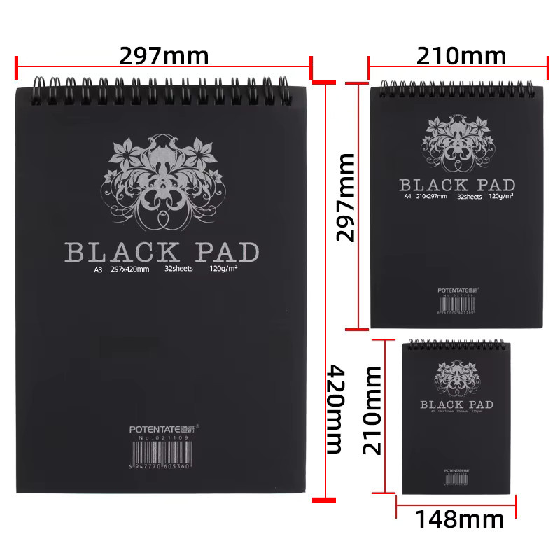 Schwarzer Skizzenblock A4 mit 32 Blatt, 120 g/m2, spiralgebundenes Zeichenbuch für Buntstifte, Graphit, Kohle und Pastelle - Bild 2