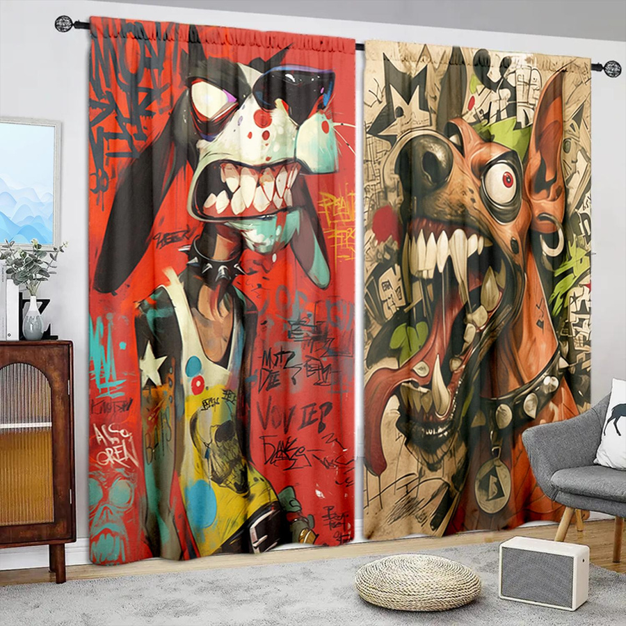 2er-Set Hund Vorhang mit Grafikprint, halbtransparent, modern, Mehrfarbig, B: 52,5 cm x H: 116 cm - Bild 2