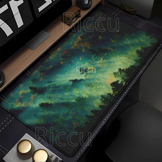 Riccu XXL-Mauspad mit Waldlandschaft Design in Multicolour, rutschfeste Schreibtischunterlage aus Gummi für Gamer, B/B: 90 x 40 cm - Bild 1