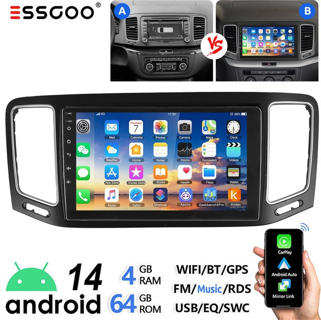 ESSGOO Android 14 Autoradio mit 9 Zoll Touchscreen für VW Sharan II 7N und Seat Alhambra 2 (2010-2021), 4+64G, Schwarz, Wireless Apple Carplay, Android Auto, GPS, Wifi, Bluetooth, USB, Mirror Link - Bild 1