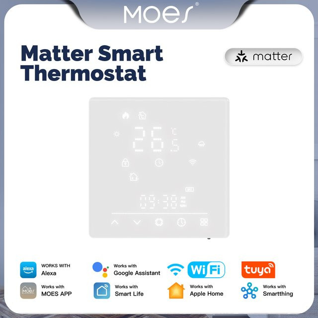 MOES Smart Thermostat mit Tuya WiFi und Matter Unterstützung, Temperaturregler für elektrische Heizungen und Wasserkocher, kompatibel mit Alexa, Google Home und Apple SmartThings, Weiß - Bild 1