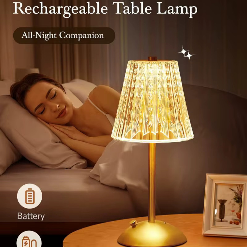 Wiederaufladbare Kristall-LED-Tischlampe mit Touch-Sensor und Dimmfunktion in Gold/Messing, transparente Dekoleuchte für Schlafzimmer und Bar, Höhe: 29,5 cm, Breite: 10,5 cm - Bild 2
