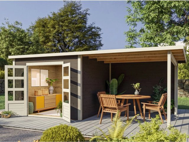 Karibu Gartenhaus Wacken mit Anbaudach in Grau, Wandstärke 28 mm, B/T/H: 575 x 302 x 216 cm - Bild 1
