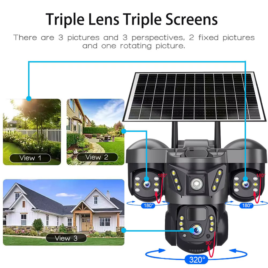 V380 Pro Triple Linsen WiFi Solar Kamera mit PIR Menschlicher Erkennung, Wasserdichte CCTV Sicherheitskamera mit Nachtsicht in Schwarz - Bild 4