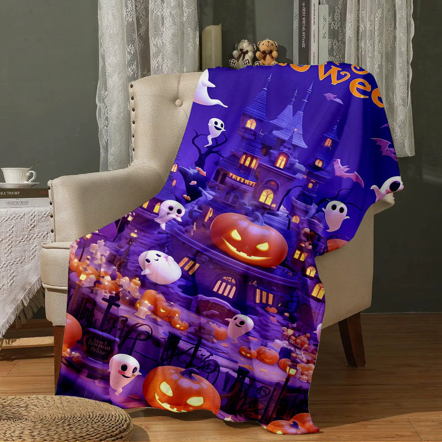 SRH Halloween Decke mit Jack-O'-Lanterns und Hexenabdrücken in Lila, weich für Sofa oder Reisen - Bild 5