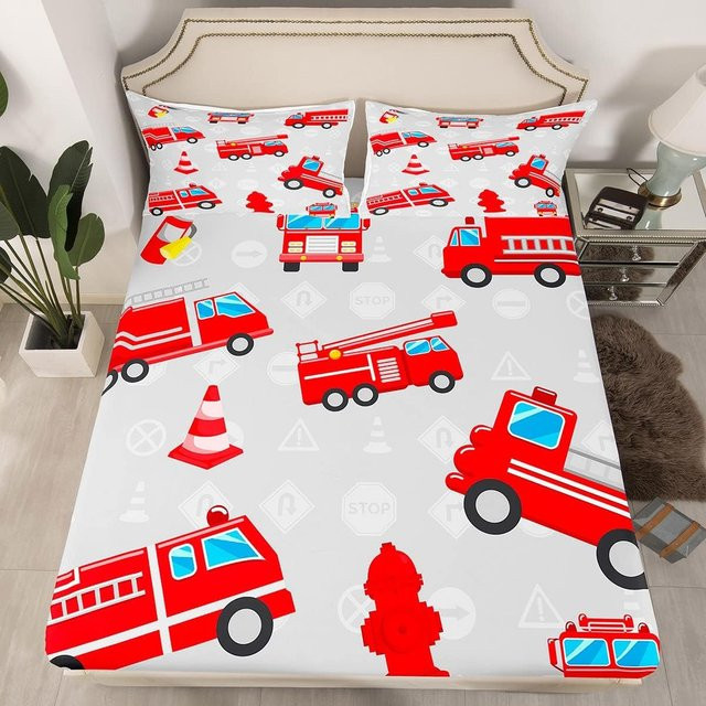 Allbestart Bettwäscheset Feuerwehrauto Cartoon Design für Kinder, Bettdecke und Spannbettlaken aus Mikrofaser, Weiß, B/T/H: 120 x 200 cm - Bild 1