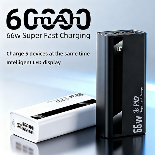Cohana Powerbank 60000mAh mit 66W Schnellladefunktion in Weiß für iOS und Android, tragbares Ladegerät für 5 Geräte - Bild 1