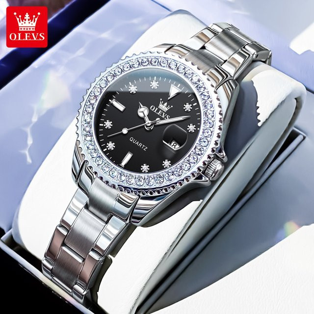 OLEVS Armbanduhr Quarz, Edelstahl, Diamantbesetzt, Damen, Schwarz, Silber - Bild 1
