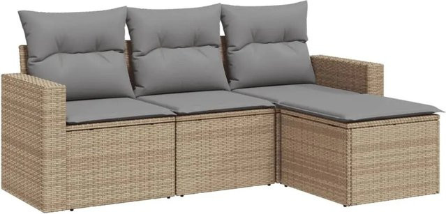 vidaXL 4-teilige Garten-Sofagarnitur in L-Form mit Kissen und Ottoman, Beige, Poly Rattan mit Metallgestell - Bild 1