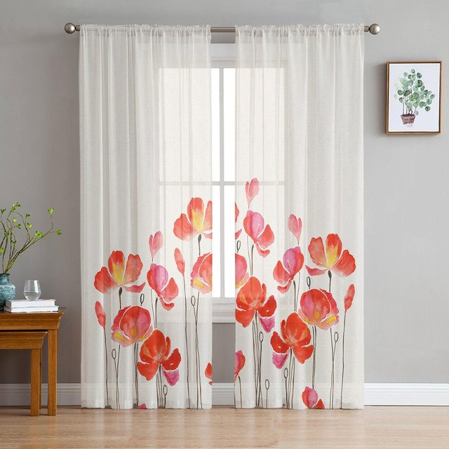 A Family Of Home Textiles Transparente Tüll-Vorhänge mit rotem Aquarell-Mohnblumen-Design, Breite: 135 cm, Höhe: 160 cm - Bild 1