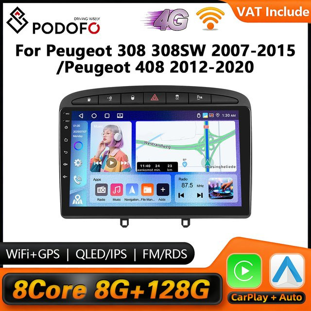 Podofo 4G Wireless CarPlay Android Autoradio mit GPS für Peugeot 308 408 2007-2015 in Schwarz - Bild 1