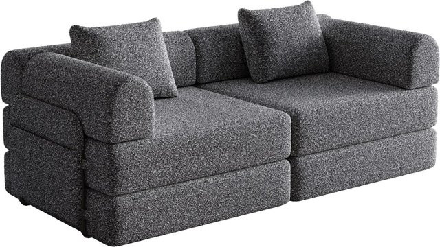 PXloue 2-in-1 Schlafsofa als 2-Sitzer mit Bettfunktion, Metallrahmen und Armlehnen aus Chenille, Grau, B/T/H: 184 x 69 x 69 cm - Bild 1