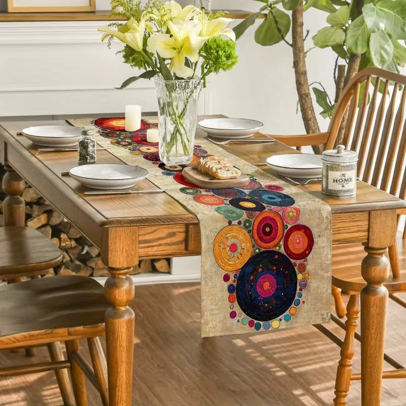 VIKAMA Runde Tischdecke mit gepunktetem Boho-Design in Multicolour aus Leinen - Bild 3