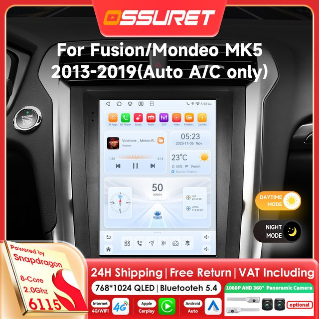 OSSURET Android 14 Autoradio für Ford Fusion Mondeo MK5 2013-2019 mit 9,7 Zoll Display, 8-Kern Snapdragon 6115 Prozessor, Carplay, GPS und 360 Grad Kamera, Schwarz - Bild 1